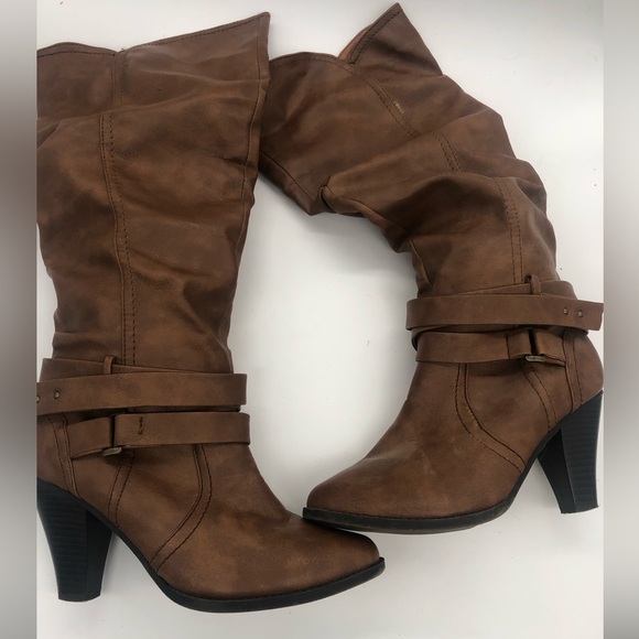 Brown Over the Knee High Faux Leather Strappy Boot Heels 🤎 - Picture 3 of 7